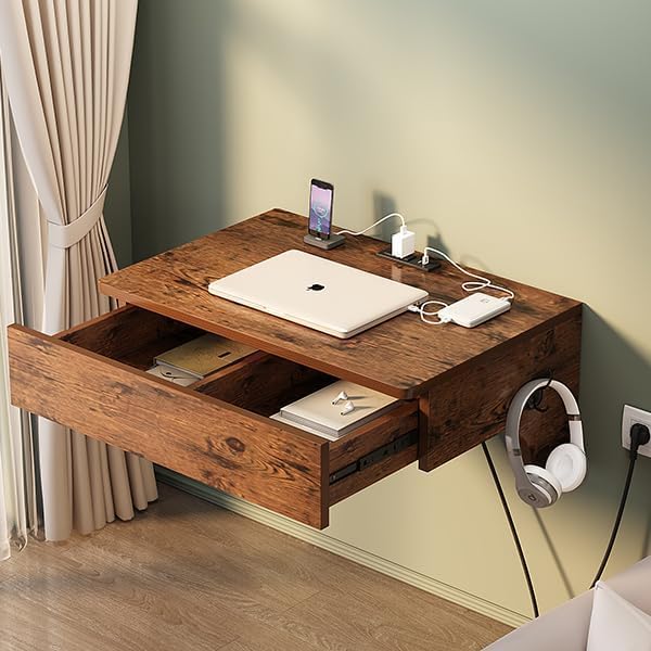 MIN WIN Escritorio de pared flotante para computadora con tomas de corriente y puertos USB, escritorio pequeño de pared para computadora portátil