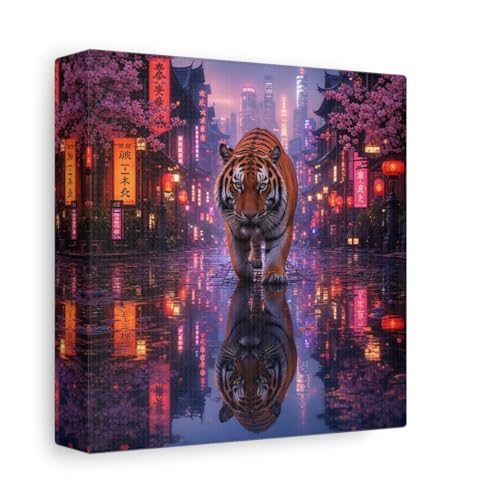 Tableau tigre néon rose pour un salon vibrant au-dessus de la cheminée