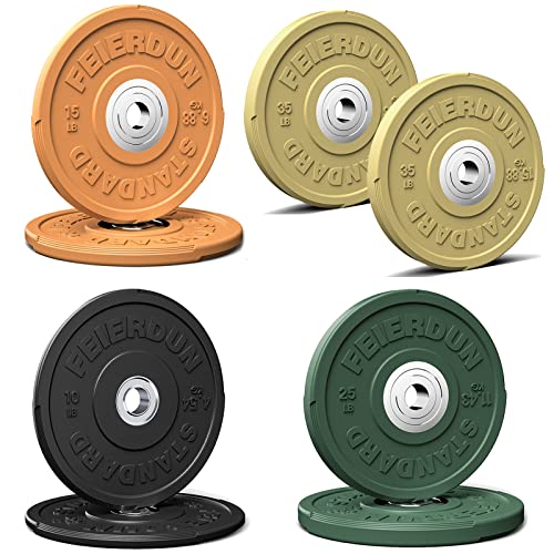 Image of FEIERDUN Color Bumper Plate Set, 2-Inch Olympic Weight Plates, Low Bounce Rubber Barbell Plates with Stainless Steel Insert for Weightlifting, Strength Training, CrossFit & Home Gym, 10LB-370LB