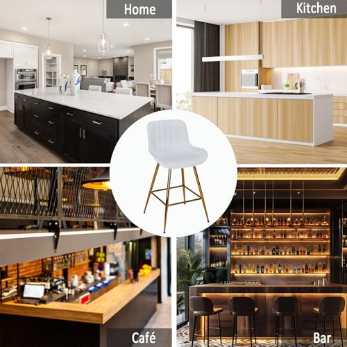 Image of Sidanli Gold Barstools Set of 2, White Bar Stools with Gold Legs, Velvet Stools for Kitchen Island, 24inch Luxury Barstools with Adjustable Footrests