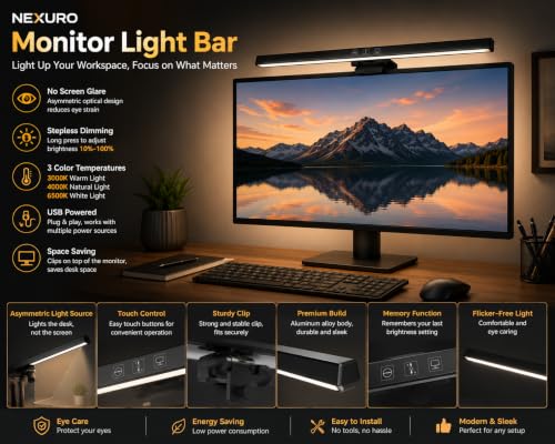 Image of ScreenBar Monitor Light | USB Powered Computer Screen Light with Touch Control, Adjustable Brightness, 3 Color Modes, Auto-Off Timer, Flicker-Free Anti-Glare LED Lamp for Office, Study & Gaming
