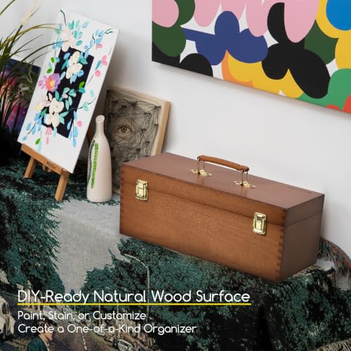 Image of MEEDEN Large Wooden Tool Storage Box: Portable Art Supply with Handle | Beech Wood Art Supply Case - Built-in Removable Tray & Compartments Toolbox Case for Artists and DIY Craft Sewing Supplies