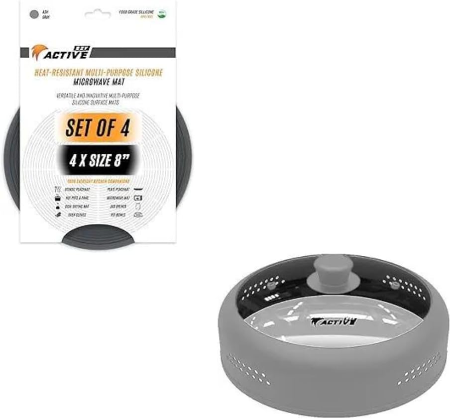 Versatile Kitchen Essentials Bundle: Gray 4pcs 8" Multi-Use Silicone Mat, Pot Holders, Microwave Cover, Trivet, and Gray Glass Splatter Guard for Plates & Bowls (6–12 inch)