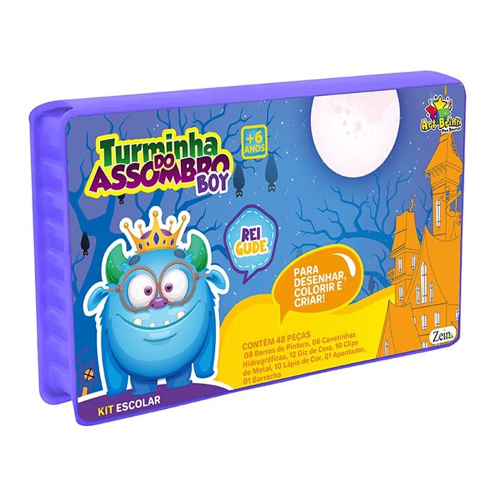 Kit Escolar Artístico 94 Peças Turminha do Assombro, Estojo Criativo com Lápis, Canetinhas e Giz de Cera, Azul, Para Crianças +4 Anos