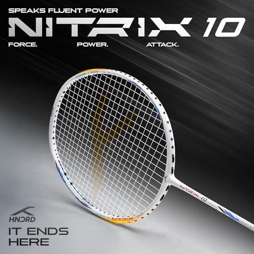 Image of Hundred Nitrix 10 Badminton Racket (Strung) | Carbon Fiber Frame | Head-Heavy Attacking Racket | Flexible Shaft for Powerful Smashes | Max Tension 30 lbs | Full Cover Included