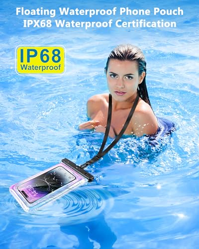 Image of Floating Waterproof Phone Pouch - Dazzling Purple, Up to 7.5 inch | Touchscreen, IP68 Waterproof Phone Case, Adjustable Lanyard, Fits All Phones - Kayak Beach Cruise Ship Travel Essentials