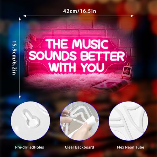 Image of Neon Sign, The Music Sounds Better with You Neon Signs for Wall Decor Neon Pink LED Signs Room Neon Light Up Signs Home Decor for Business Bedroom Club Party Bars Shop USB Operated