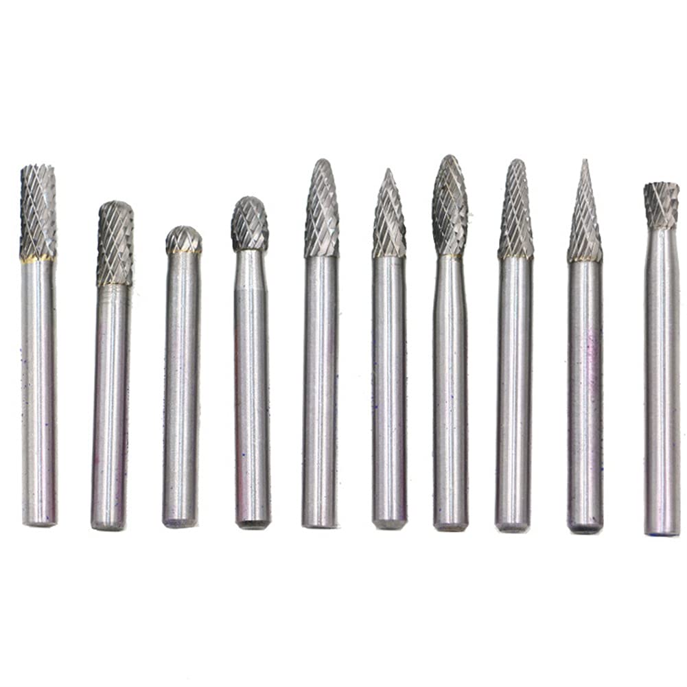 Drill Bit Sets 10pcs Tungsten Carbide Burr Bits Set Rotary Burr Set 6mm Shank Double Cut Rotary Cutter Kit for Engraving Wood Working Carving Polishing and Drilling