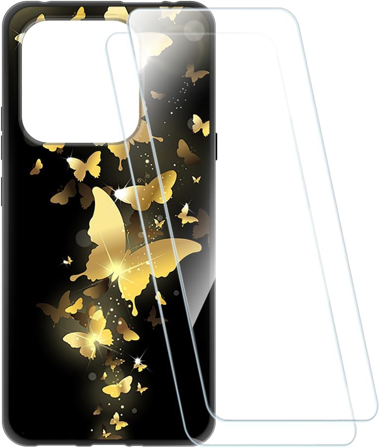 Printed Case + 2 Pack Screen Protectors Compatible with Motorola Moto Signature 5G, Shockproof Pattern Soft Cover and HD Clear Tempered Glass Film (Gold Butterfly)