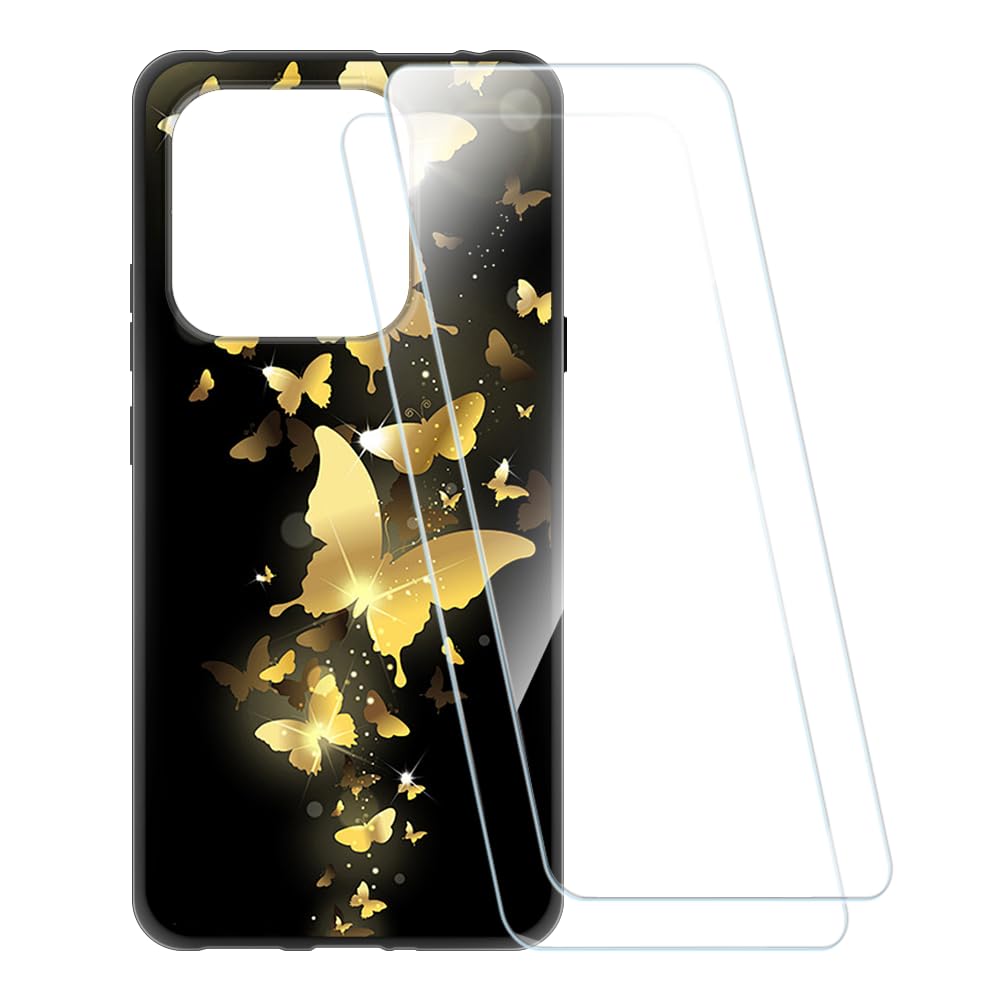 Printed Case + 2 Pack Screen Protectors Compatible with Motorola Moto Signature 5G, Shockproof Pattern Soft Cover and HD Clear Tempered Glass Film (Gold Butterfly)