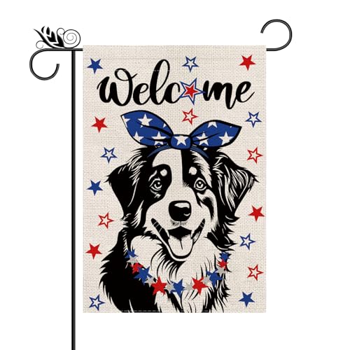 4th of July Garden Flag Australian Shepherd Dog Patriotic Stars Vertical Double Sided Welcome Fourth of July Independence Day Memorial Day Yard Outdoor Decorations 12.5x18 Inch