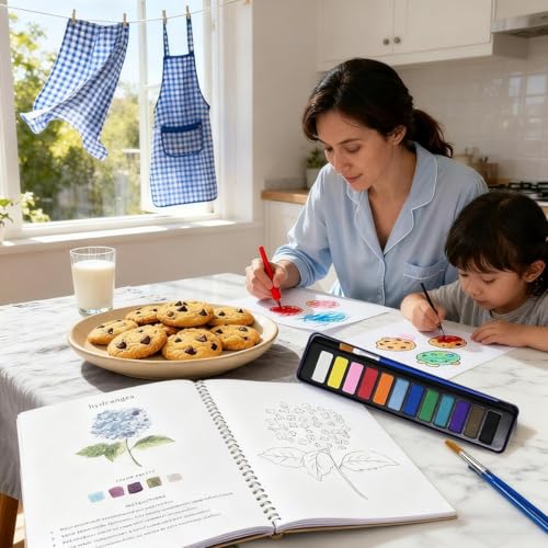 Image of Watercolor Workbook, Water Coloring Book, 12 Different Patterns of Original DIY Designs, 12 Colors Watercolor Paint Set with Palette and Brush, Beginner-Friendly Watercolor Workbooks(Flower-A)