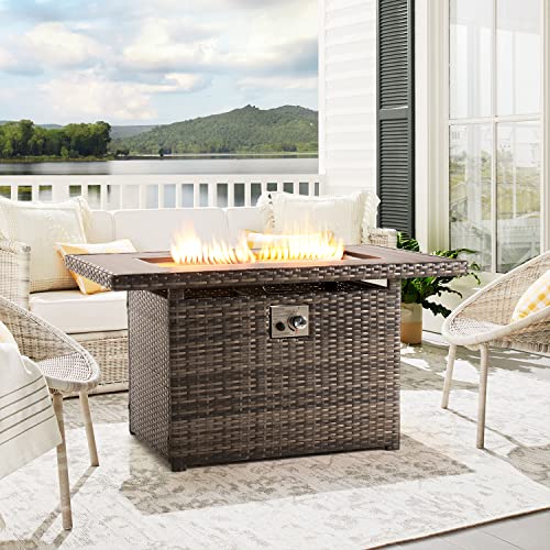 Aoxun Propane Fire Pit Table, 44 In Csa Propane Fire Table Rectangular, 50,000 Btu Auto Ignition Gas Fire Pit For Outside Patio Deck, Oxford Cover, Grey Wicker #TOP5