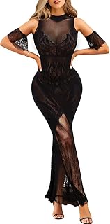 RSLOVE Women Lingerie Sexy Dress - Lace Mesh Sleepwear Maxi Nightgown Exotic Sheer Long Bridal Chemise with Detachable Sleeve