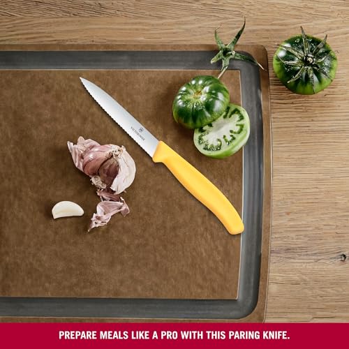 Image of Victorinox Swiss Made Stainless Steel Swiss Classic Paring Knife, 10 cm, Serrated Edge with Pointed Tip, Professional and Household Kitchen Tools, Kitchen Items, Yellow, 6.7738.C1 | Multipurpose Knife
