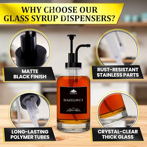 Image of Set of 4 Glass Coffee Syrup Dispenser with Pump 16.9oz 500 ml - 18 Marked Labels - Leak-Proof Glass Syrup Bottles for Coffee Bar, Espresso Station & Barista Setups | Parties & Event Ready (Black)