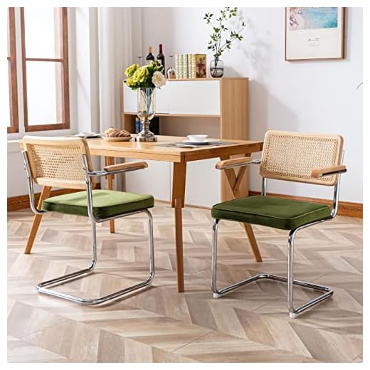 Zesthouse Mid-Century Modern Dining Chairs, Rattan Dining Arm Chairs Set of 2, Accent Chairs with Metal Chrome Legs and Armrest, Velvet Upholstered Cane Armchairs for Living Room, Kitchen, Olive Green