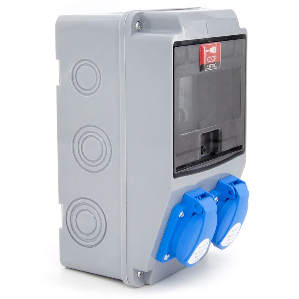Distributore di corrente da costruzione cablato con fusibili e prese Schuko 2 x 230 V + 2 interruttori di circuito C16 1 polo, IP54, per interni ed esterni