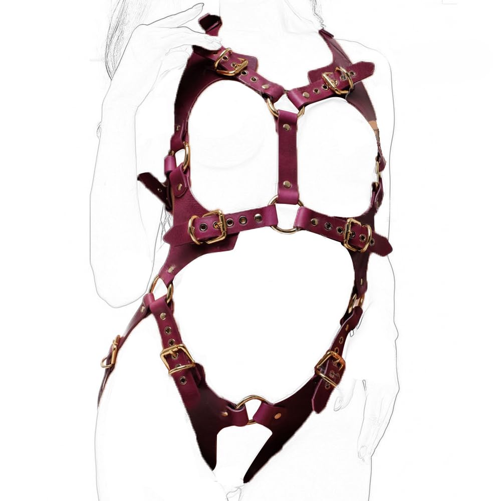 ALLOVMEWomen Leather Body Belts Punk Adjustable Faux Leather Body Chest Belt Clubwear with Fancy Buckles Rings