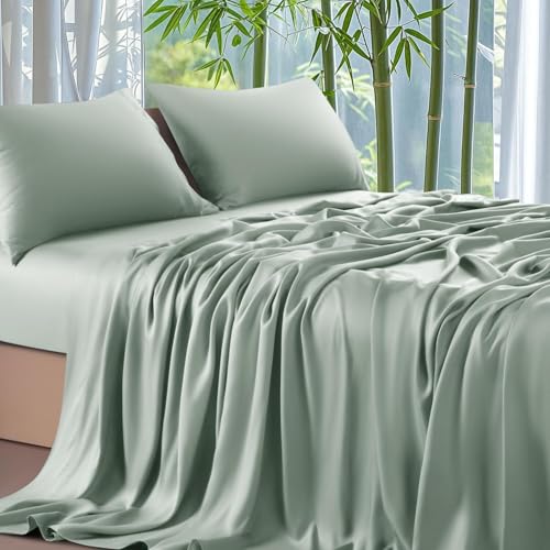 Spannbettlaken, 160 x 200 cm, Bambus, Grün, Bettlaken aus Tencel Lyocell, Bambus, Spannbettlaken, Seide, glatt, atmungsaktiv, für dicke Matratzen,...