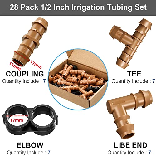 Boao 28 Pieces Drip Irrigation Fittings Kit 1/2 Inch Tubing Set Including 7 Tees, 7 Couplings, 7 Elbows And 7 End Cap Plugs Drip Irrigation Barbed Connectors For Compatible Drip Or Sprinkler Systems #TOP1