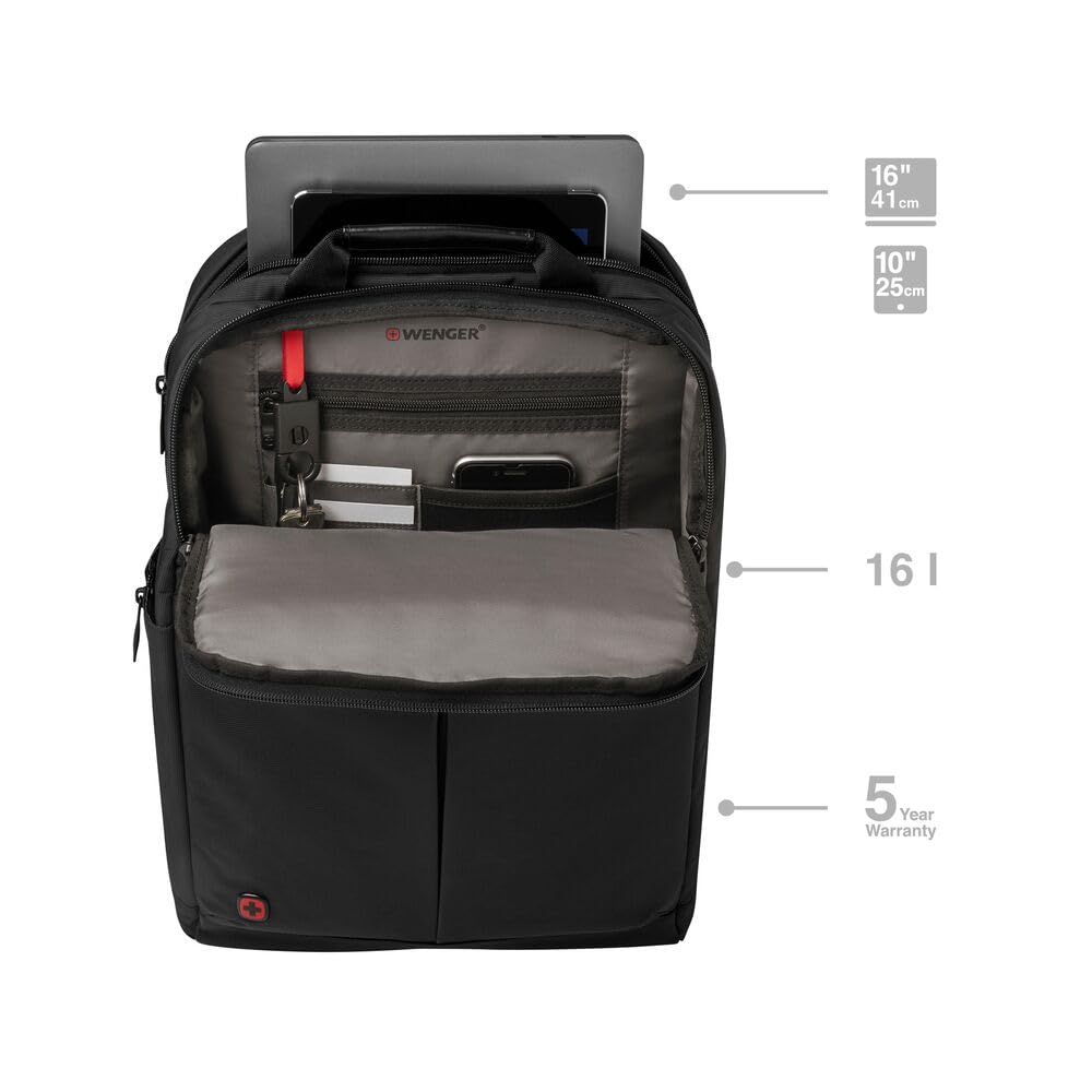 WENGER Reload 16 Laptop-Rucksack mit Tabletfach, Notebook bis 16 Zoll, Tablet bis 10 Zoll, Organizer, 16 l, Damen Herren, Büro Business-Reisen Uni, Schwarz, 601070