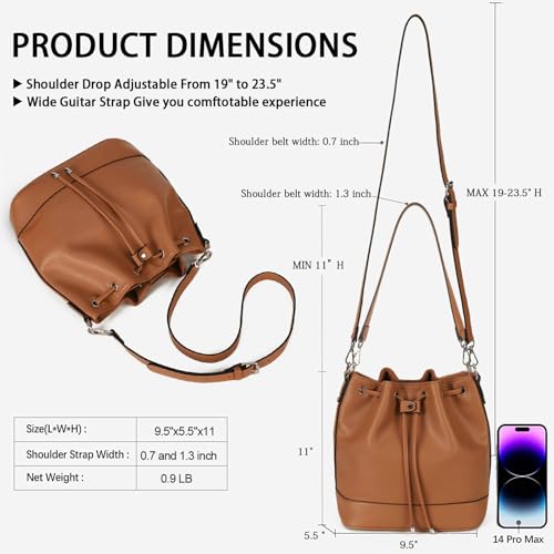Image of AFKOMST Leather Bucket Bags and Drawstring Crossbody Purse for Women Medium Tote and Hobo Handbags with 2 Shouder Straps