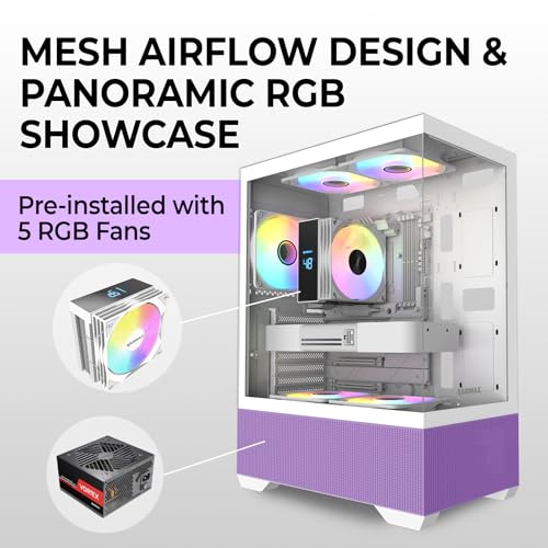 Image of Raidmax i802 Vibe Series ATX Mid Tower Gaming Case Bundle - Tempered Glass Side Panel, Includes 700W 80+ Power Supply, AM1204 Digital Display Air Cooler, and 5 Pre-Installed FRGB Fans (Purple)