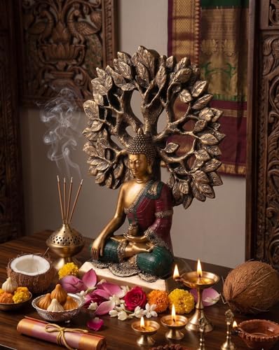 Image of Meditating Buddha Statue Under Bodhi Tree for Home Decor - Golden Gautama Buddha Figurine for Living Room, Office & Vastu (Golden, Red, Blue)