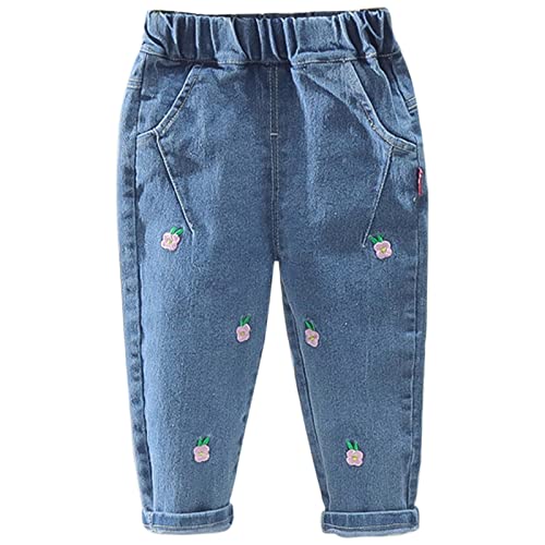 Toddler Baby Girls Baggy Jeans Pull on Denim Pants Elastic Waist Flower Print Trousers Stretch Loose Fall Outfit