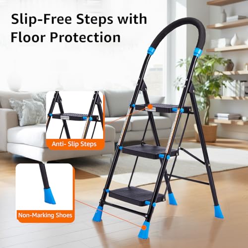 Image of Amazon Basics Curvo-Foldable Step Ladder, Ribbed Steps, Knee Guard, Non-Marring PVC Shoes, 3 Steps (Black & Blue)