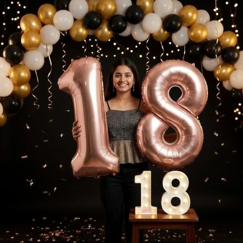 Image of Balloonistics Rose Gold 40-Inch Foil Number 18 Balloon with Matching LED Marquee Light - Combo Set for 18th Birthday, Anniversary, Party Decoration, Photo Booth Backdrop