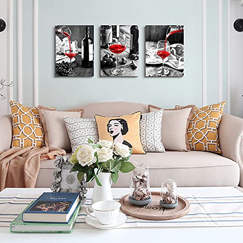 Canvas Wall Art For Kitchen Wall Decor For Dining Room Black And White Wine Glasses Painting Modern Red Wine Canvas Art Prints Ready To Wall Pictures For Restaurant Home Decorations 16"X24" 3 Pieces #TOP7