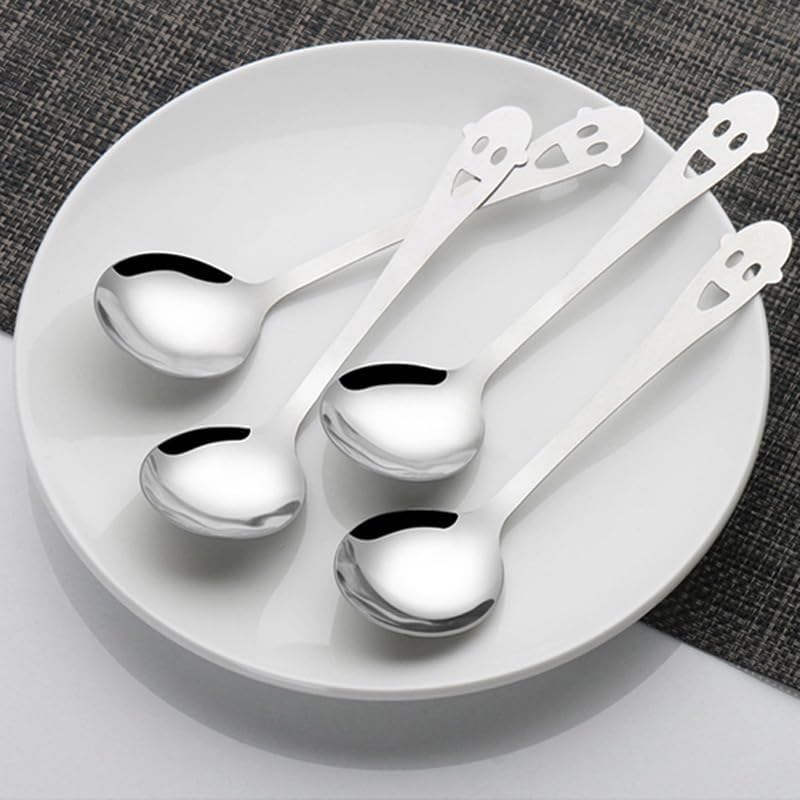 Silverware Flatware Set, 4/16/24/32 Pieces Smiling Face Stainless Steel Spoons Household Long-handled Coffee Stirring Spoon Cake Dessert Spoon Eating Round Spoon (Color : Silver, Size : 6