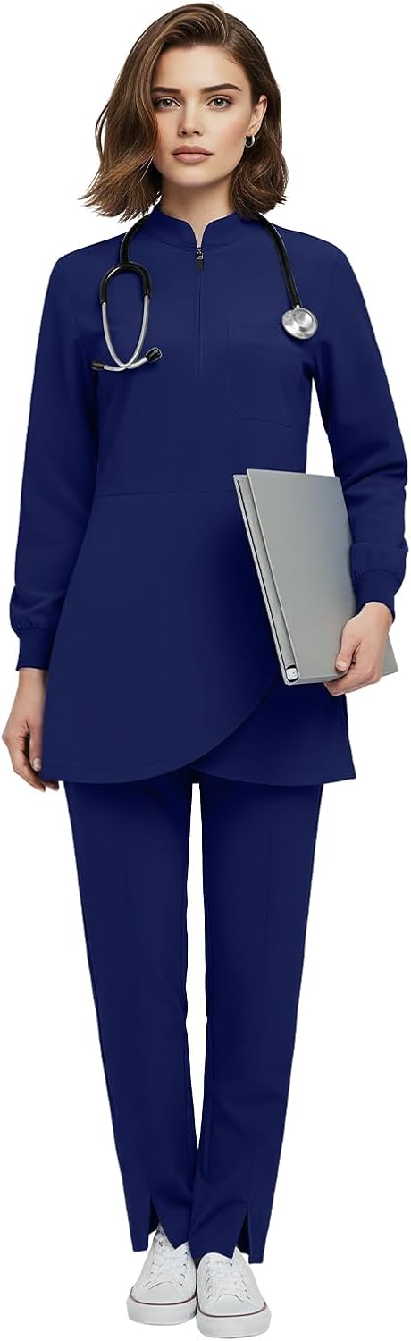 VIAOLI Women's Medical Scrubs Set - Half Zip Top and Straight Leg Pants, Multiple Pockets for Nurses & Doctors