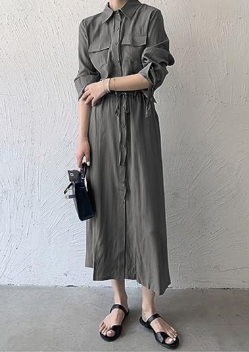 Image of Women Roll-Up Long Sleeve Button Down Shirt Midi Dress