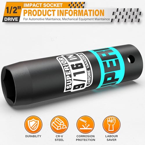 Image of 1 /2 inch Drive Impact Socket, 9 /16 inch Deep Socket, SAE, 6 Point, CR-V, for Car Repair, Loosen the Fastening Nut