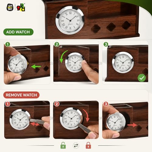 Image of GKD Wooden Desk Calendar 2026 with Clock & Desk Organizer | Premium Engineered Wood Table Calendar for Office & Home Decor | Corporate Gift | Made in India