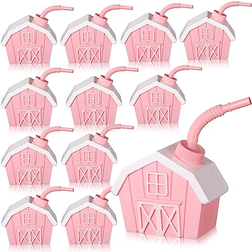 Tanlade 12 Pcs Farmhouse Cups with Lids and Straws 10 oz Toy Farmhouse Cups for Farm Birthday Party Barnyard Animals Party Baby Shower Farm Animals Themed Party Decorations Supplies Favor Pink