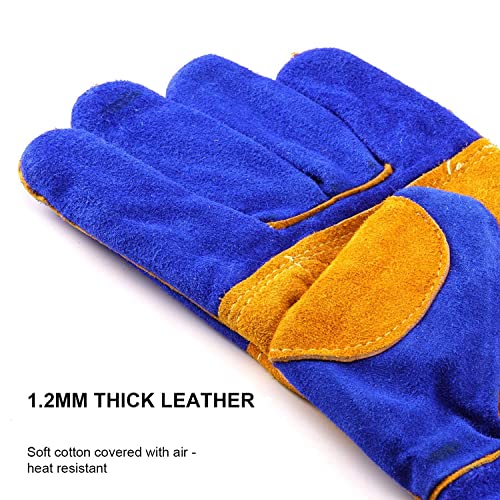 Image of Animal Handling Leather Gauntlet Gloves, Bite Proof Protection from Dog, Cat, Bird, Snake, Kevlar Stitch Gloves for Vets, Groomers, Pet Owners (Blue-Yellow, 16 inch, Pack of 1 Pair)