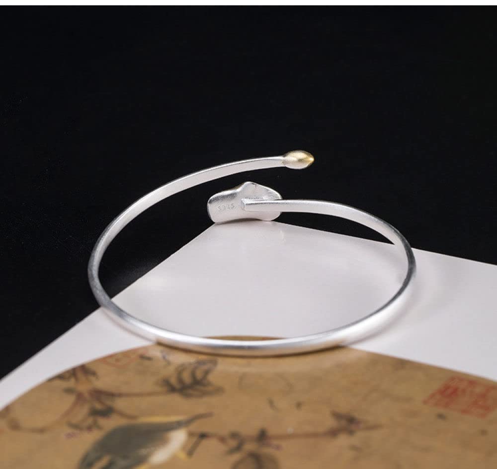 Bracelet Jonc Argent Femme,Bracelet en Argent Sterling Perle Feuille De Lotus Bracelet Manchette Ouvert Bracelets D'Amitié Cadeau Bijoux en Argent S925 pour Femme Petite Amie Femme