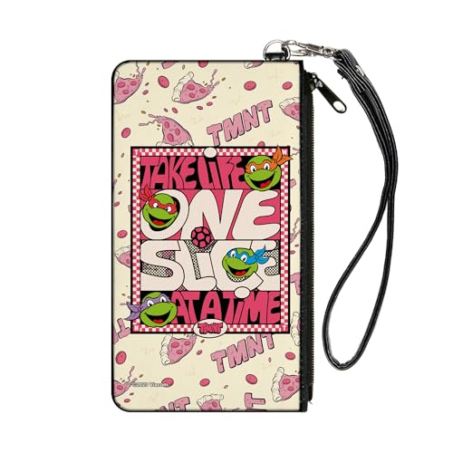 Nickelodeon Small Mini Compact Pouch Wallet, Credit Card Holder Pocket Purse, Ninja Turtles Take Life One Slice at a Time Pizza Collage, Canvas