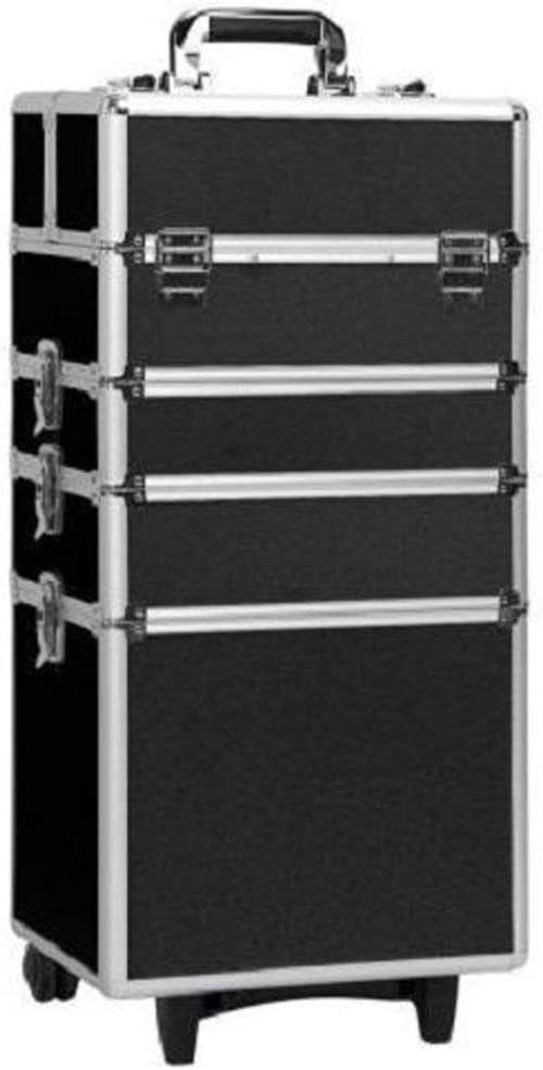 Aluminum Rolling Makeup Train Case, 4 in 1 Lockable Makeup Case Trolley Cosmetic Organizer, Multifunction Travel Storage Case, With 2 Wheels, Locks - Black