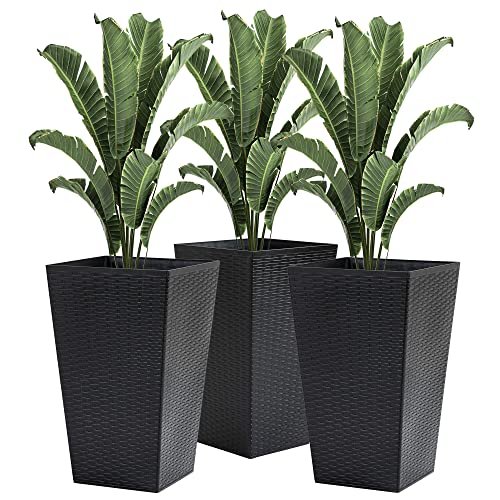 GOWE Set of 3 Tall Planters with Drainage Hole, Outdoor Flower Pots, Indoor Planters for Porch, Front Door, Entryway, Patio and Deck, Black