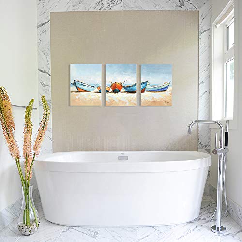 B BLINGBLING Boat Canvas Wall Art: Colorful Wooden Fishing Boat on The Sand Beach Bathroom Picture Wall Decor Framed and Ready to Hang (12"x16"x3 Panels) - Image 6
