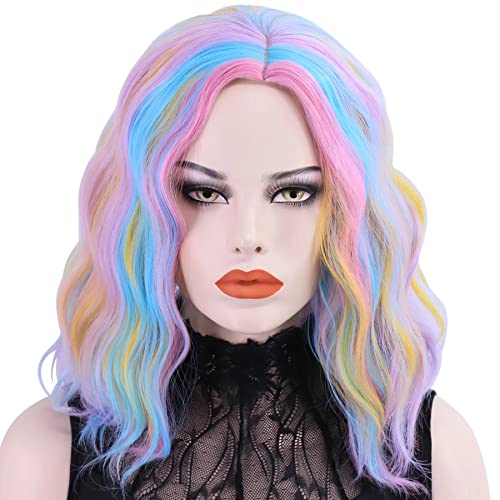 Cfalaicos Women Short Curly Bob Wavy Wig for Cosplay Party Halloween Heat Resistant Wigs Full Head Wig with Free Wig Cap (Rainbow)