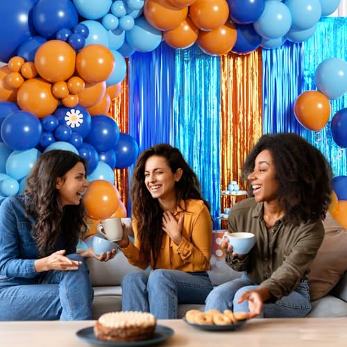 Image of Blue Orange Balloon Arch Garland Kit Birthday Party Decorations, Orange Blue and Light Blue Foil Fringe Curtains Backdrop Tinsel Streamers Banner Photo Booth Props Dog Themed Party Decor Supplies
