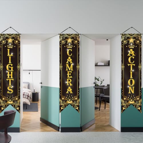 Image of Tegeme 3 Pcs Movie Night Porch Sign Banner Movie Theme Party Decorations Theater Welcome Now Showing Light Camera Action Hanging Porch Sign for Home Film Backdrop Party Supplies (Black,Star)