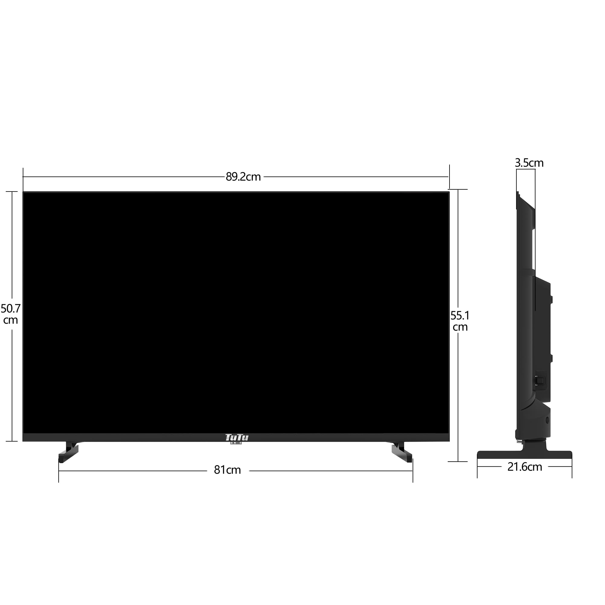 Diagram showing dimensions of the TuTu 40 Inch FHD TV