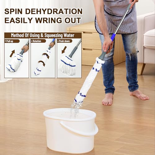 Image of Self Wringing Mop - Easy Squeeze Twist Mop with 52.5 Inch Long Handle, Heavy Duty for Hardwood, Tile, Vinyl & Laminate Floors (White-2 Head)